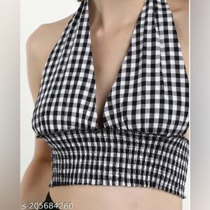 Checkered Plaid Halter Top Deep V Neck Medium Large
